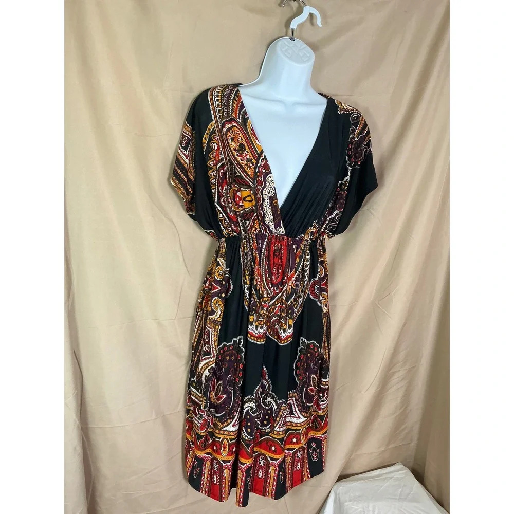 Cristina Love Paisley Empire Waist Dress Womens XL Black Red Excellent Boho Midi - Picture 2 of 12